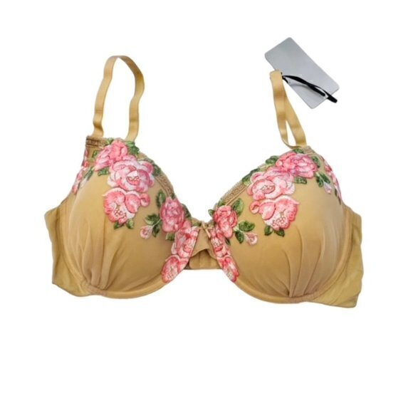 M. VIE INTIMATES Padded Bra Size 38D Beige Mesh Floral Embroidery New with Bag - Picture 5 of 10